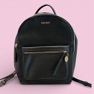 Nine West Black Faux Leather Small Dome Backpack Gold Hardware Travel Bag 9x12x4